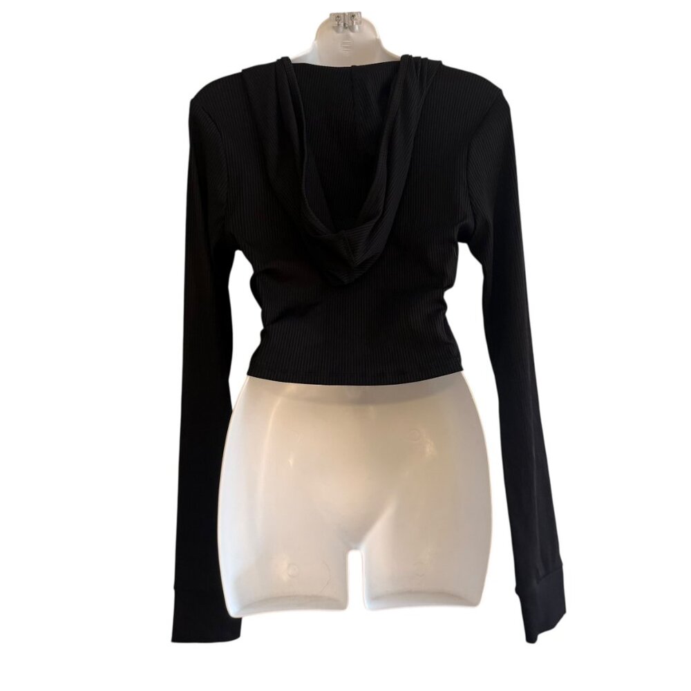 Forever 21 Ribbed Black Cropped Hoodie Top | Size L | Excellent Condition - Picture 6 of 8